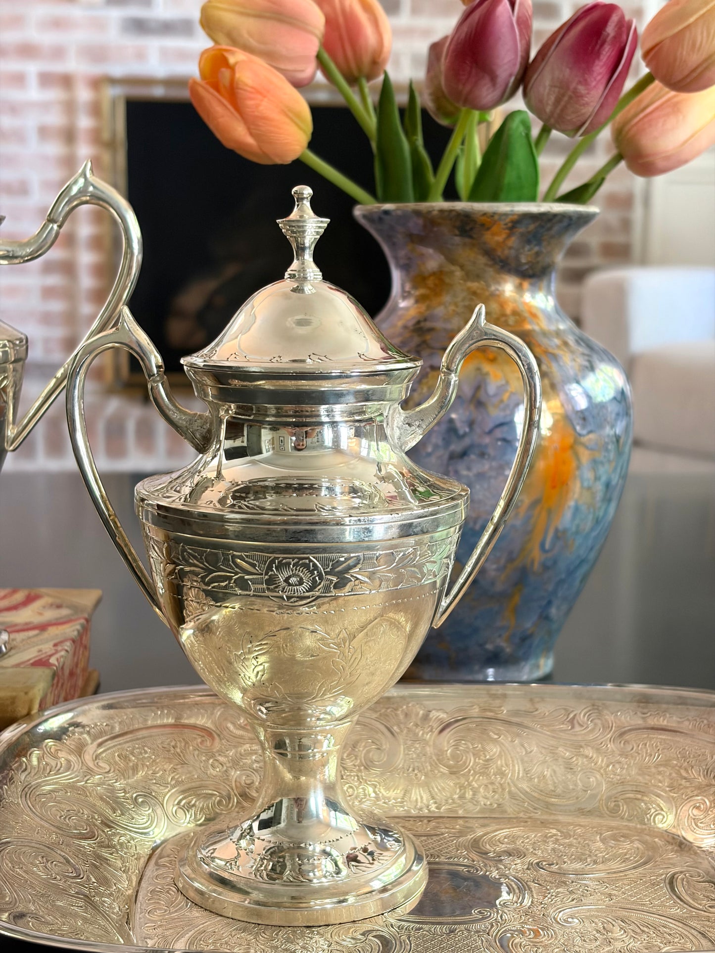 Vintage Etched Silver Plate Cream & Sugar Holders