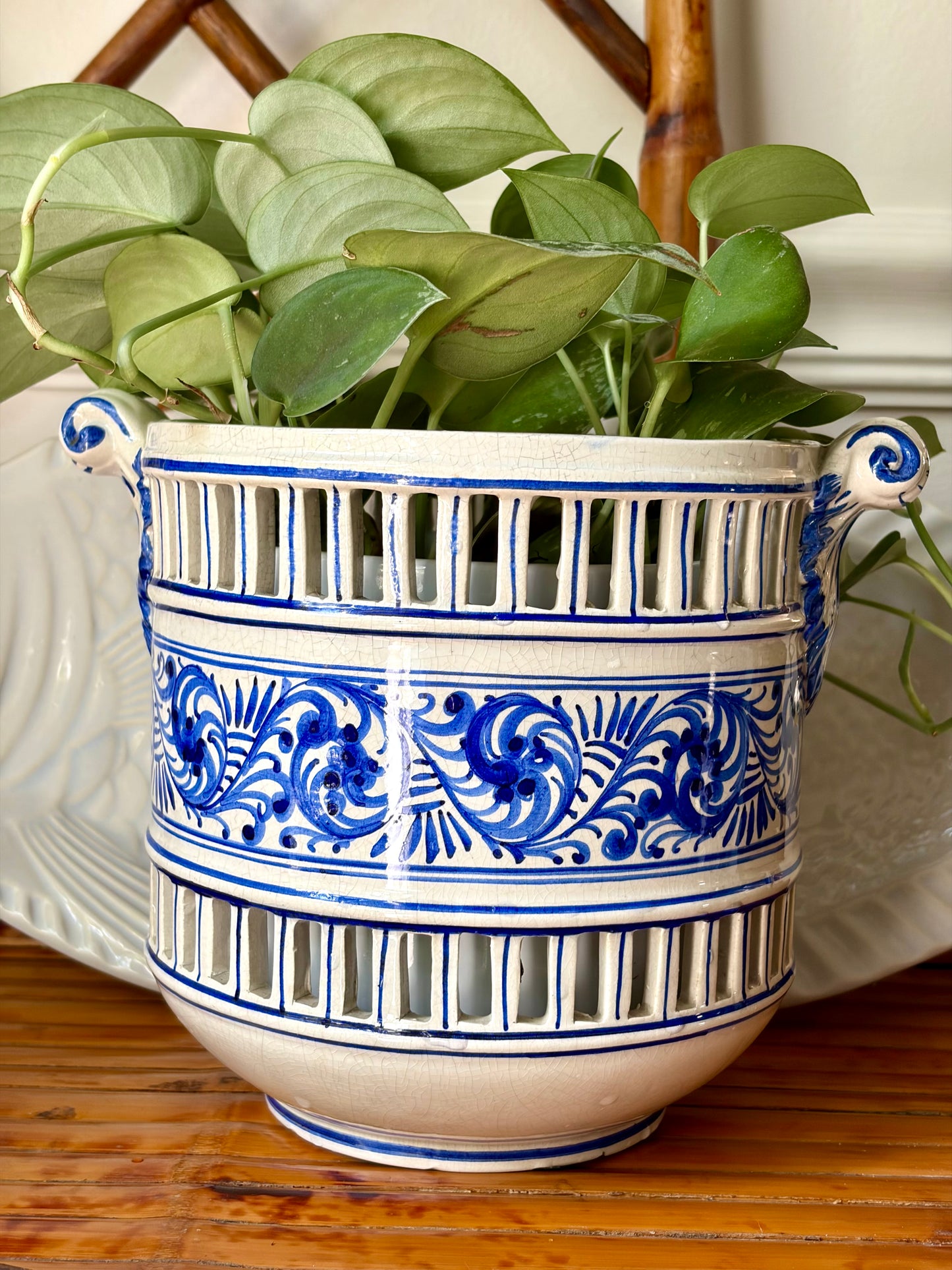 Vintage Italian Blue & White Reticulated Pot