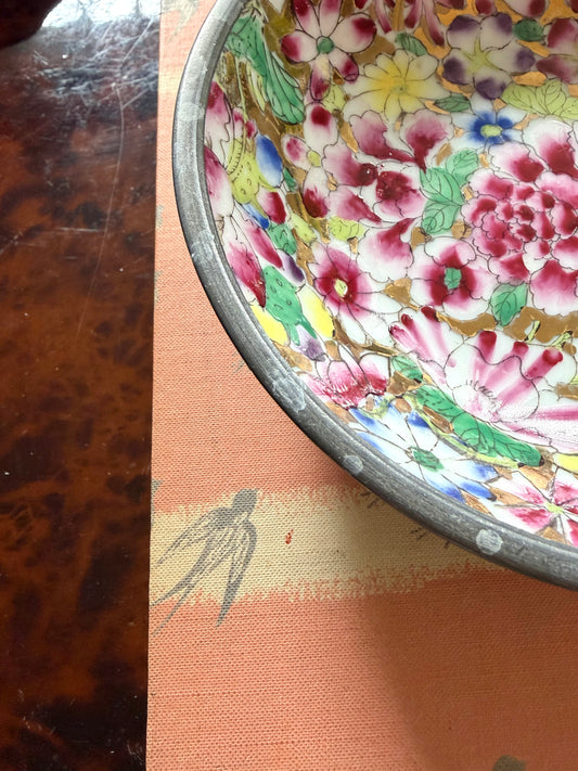 Vintage Porcelain Millefleur Bowl in Pewter