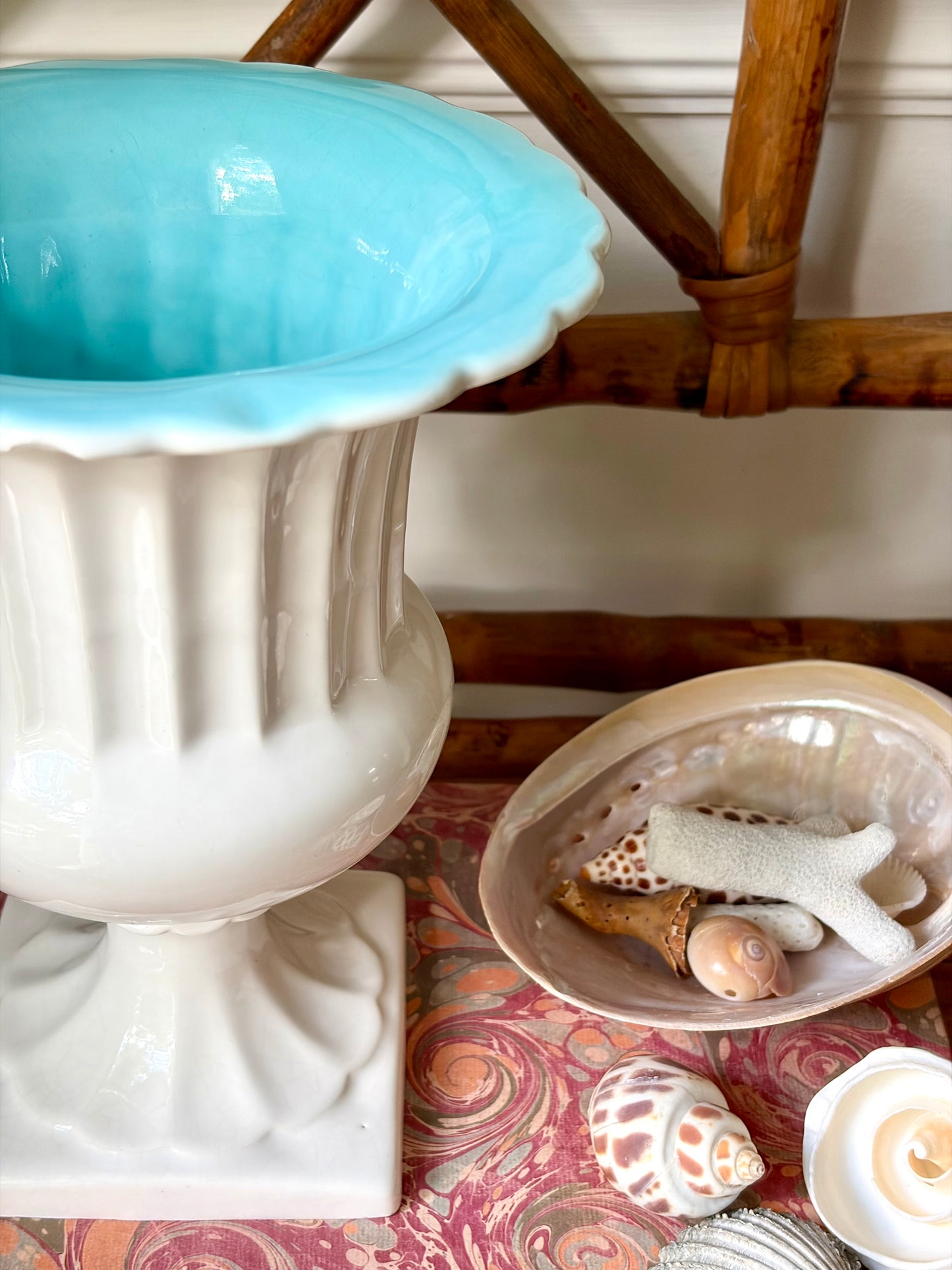Vintage White & Aqua Trophy Vase