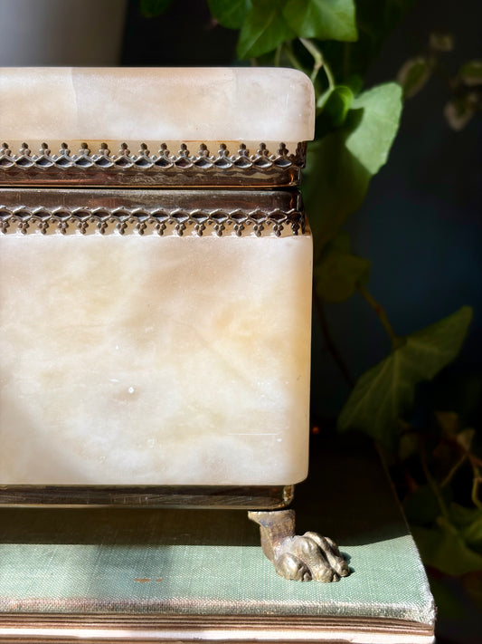 Vintage Footed Alabaster Box with Brass Detail