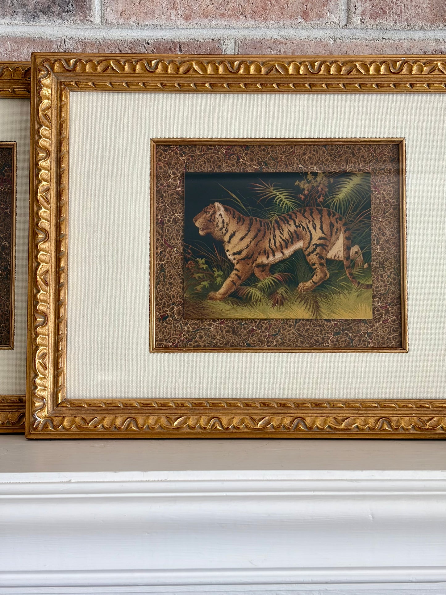 Pair of Framed Antique Tiger & Jaguar Bookplates