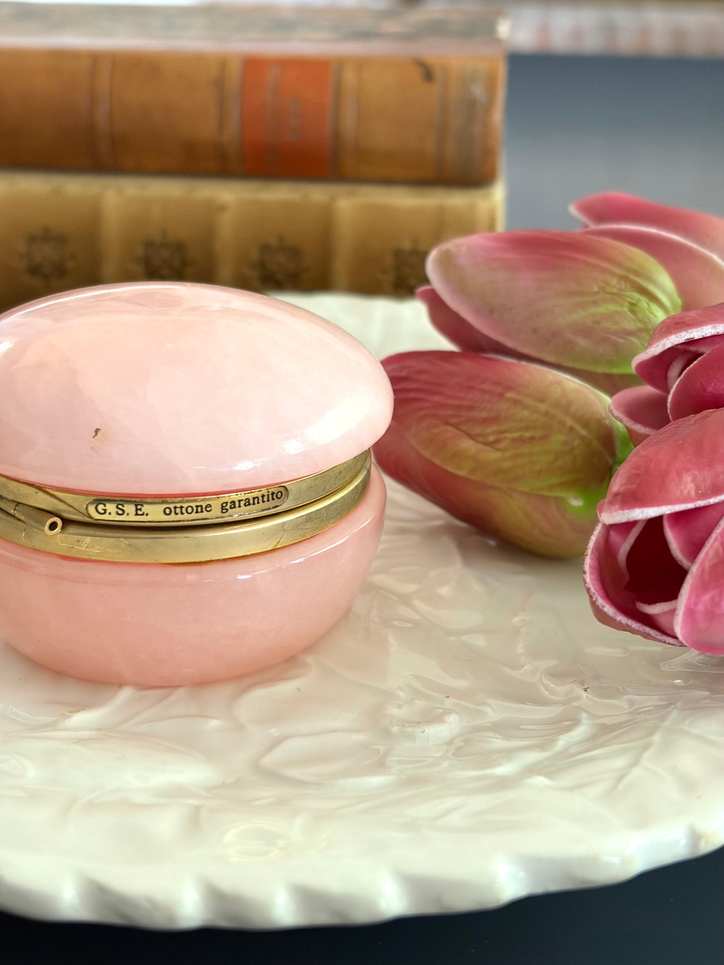 Vintage Italian Pink Alabaster & Brass Box
