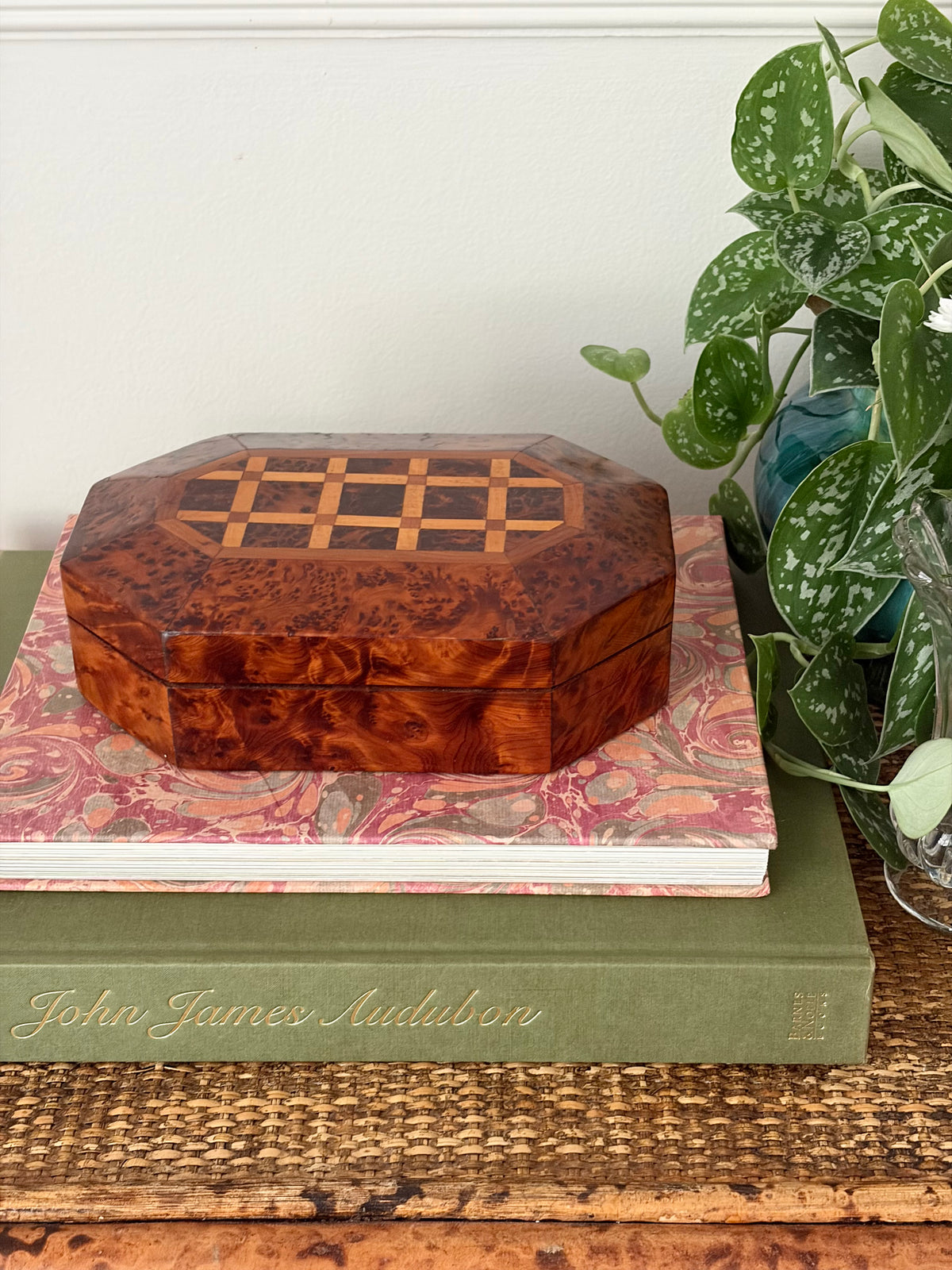 Vintage Burl Wood Box with Wood Inlay