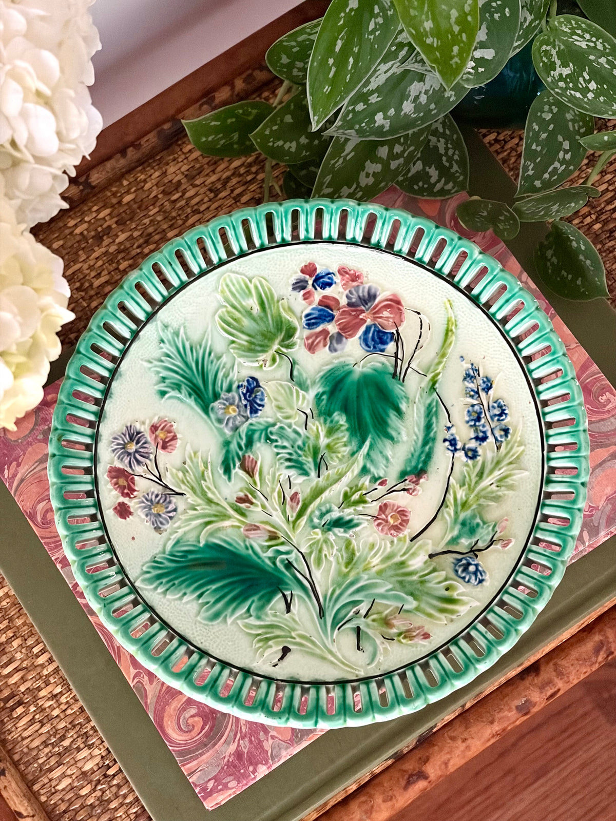 Antique German Majolica Pedestal Dish