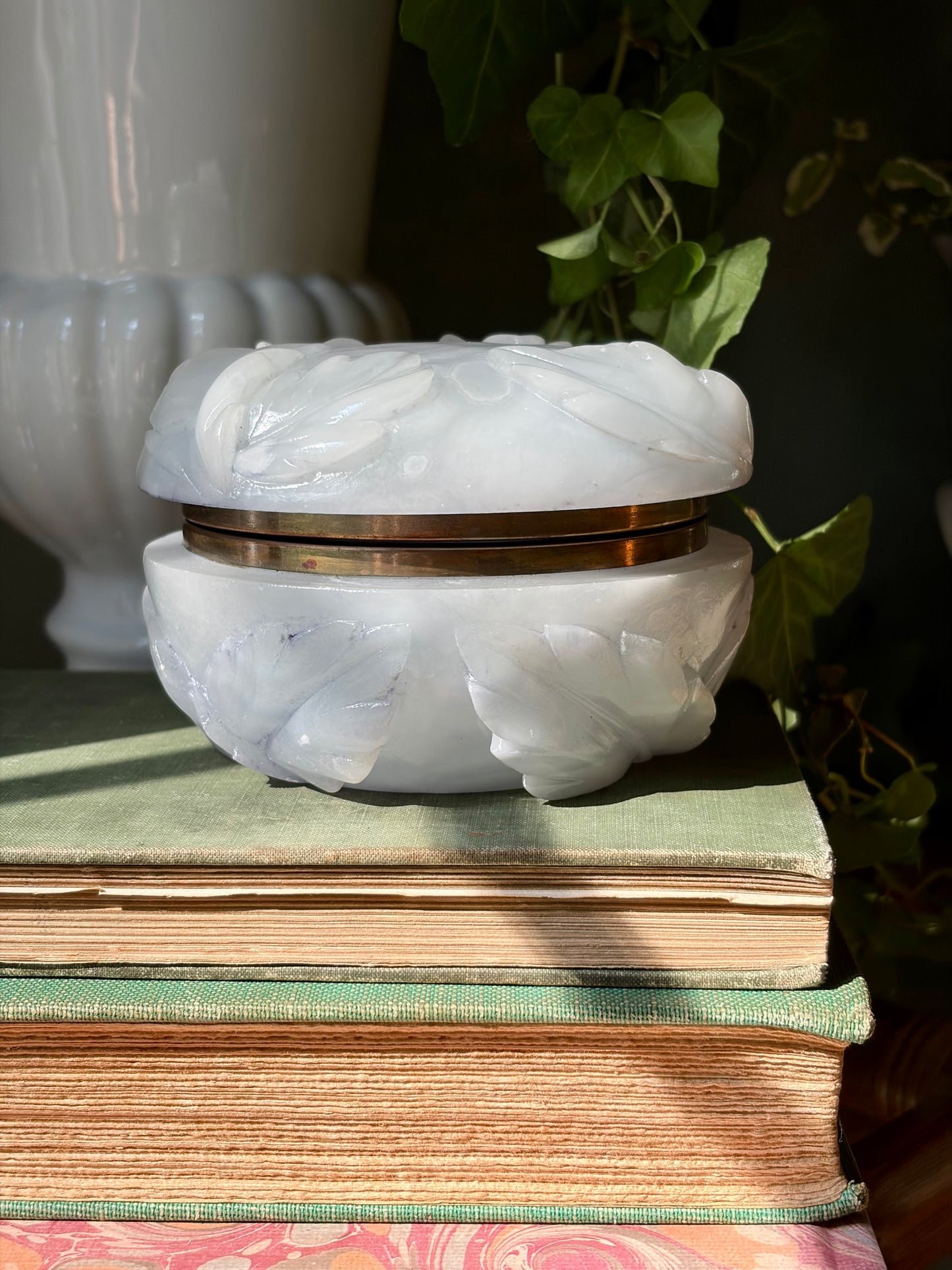 Vintage Pale Blue Carved Alabaster Box