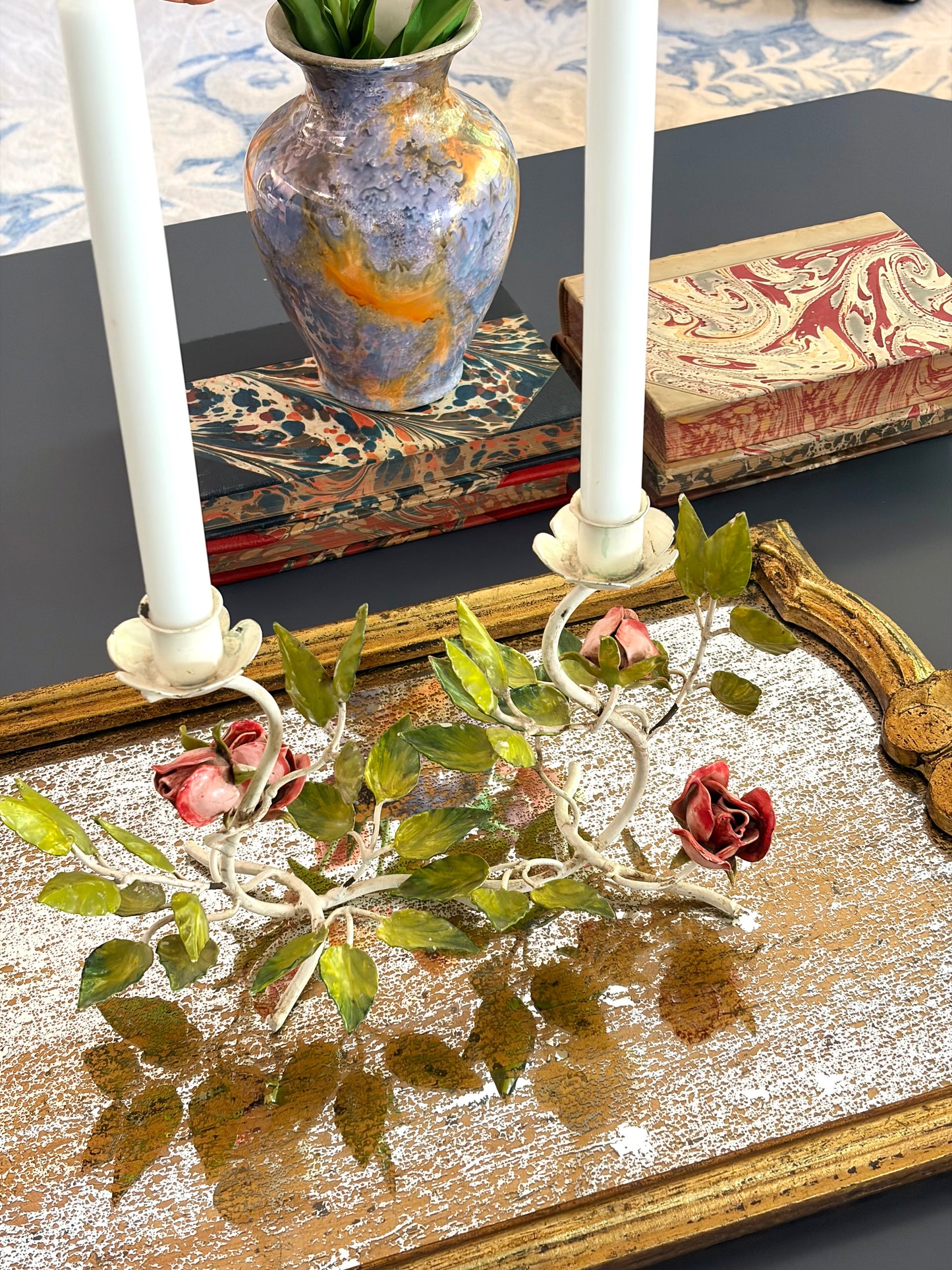 Vintage Italian Tole Floral Double Candle Holder
