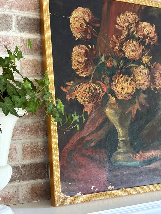 Framed Antique Floral Oil Painting