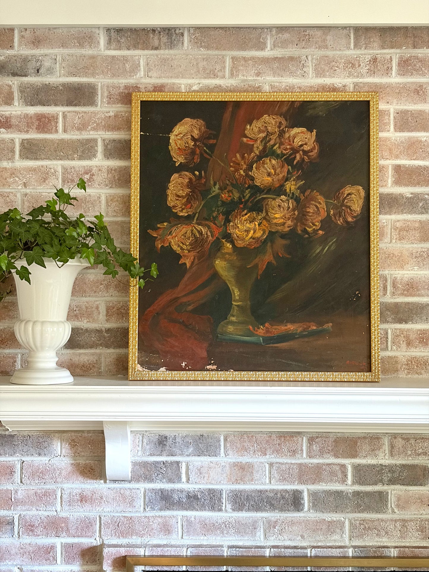 Framed Antique Floral Oil Painting