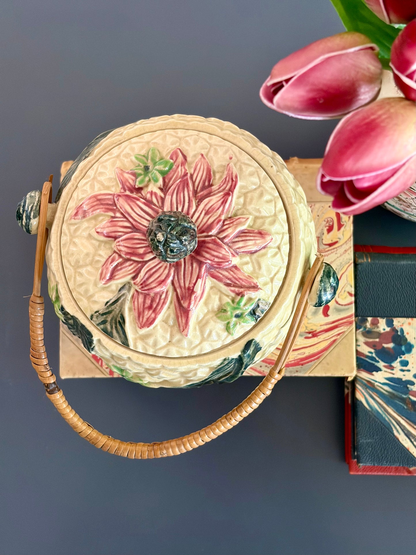 Vintage Majolica Handled Canister