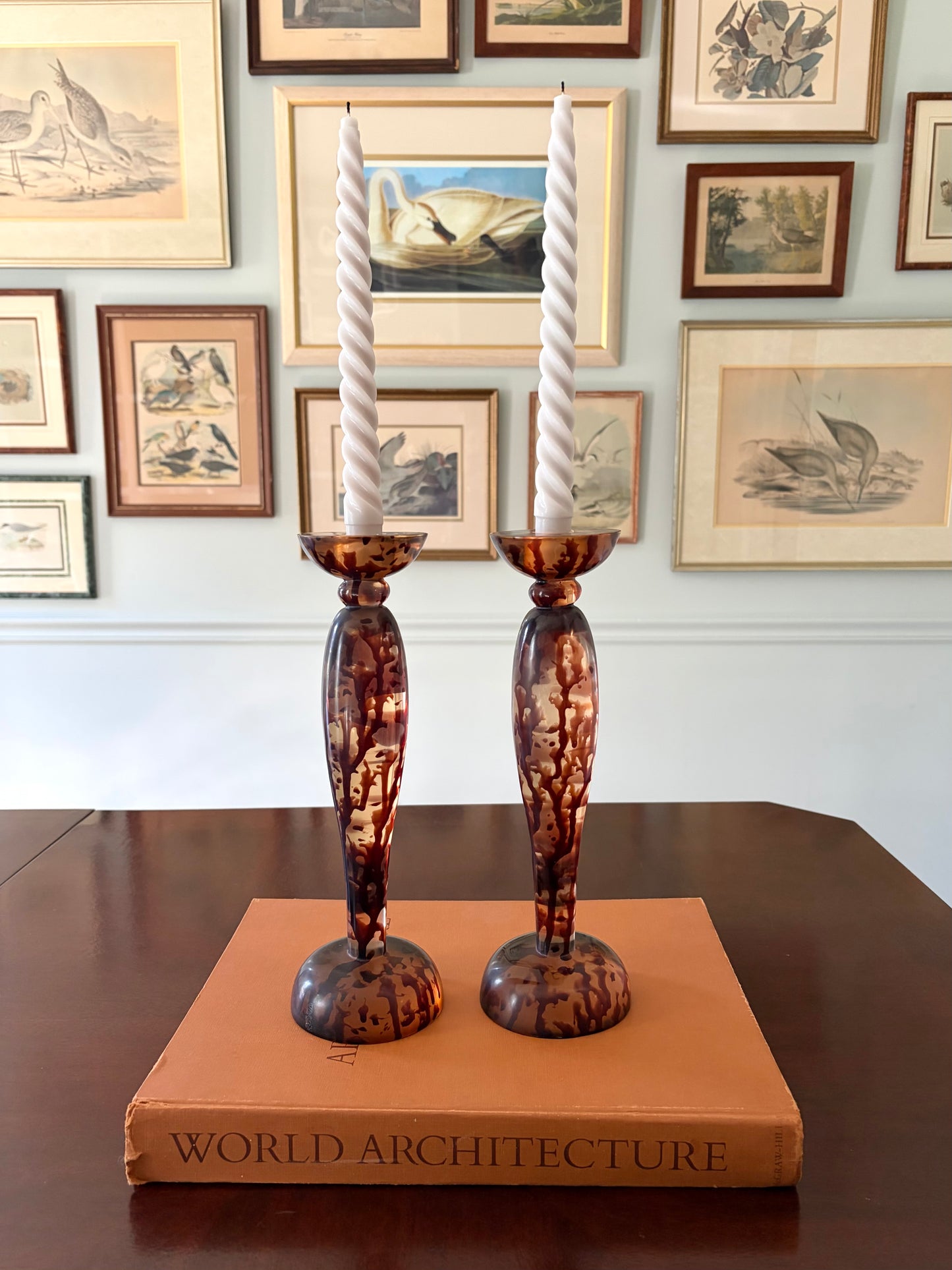 Pair of Vintage Faux Tortoise Shell Lucite Candle Holders