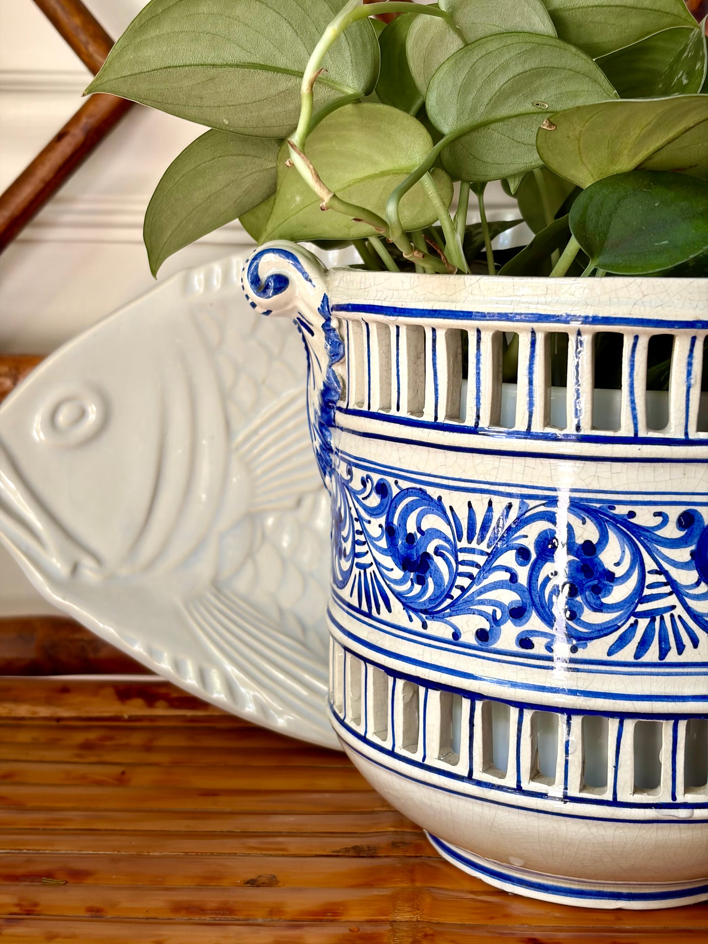 Vintage Italian Blue & White Reticulated Pot