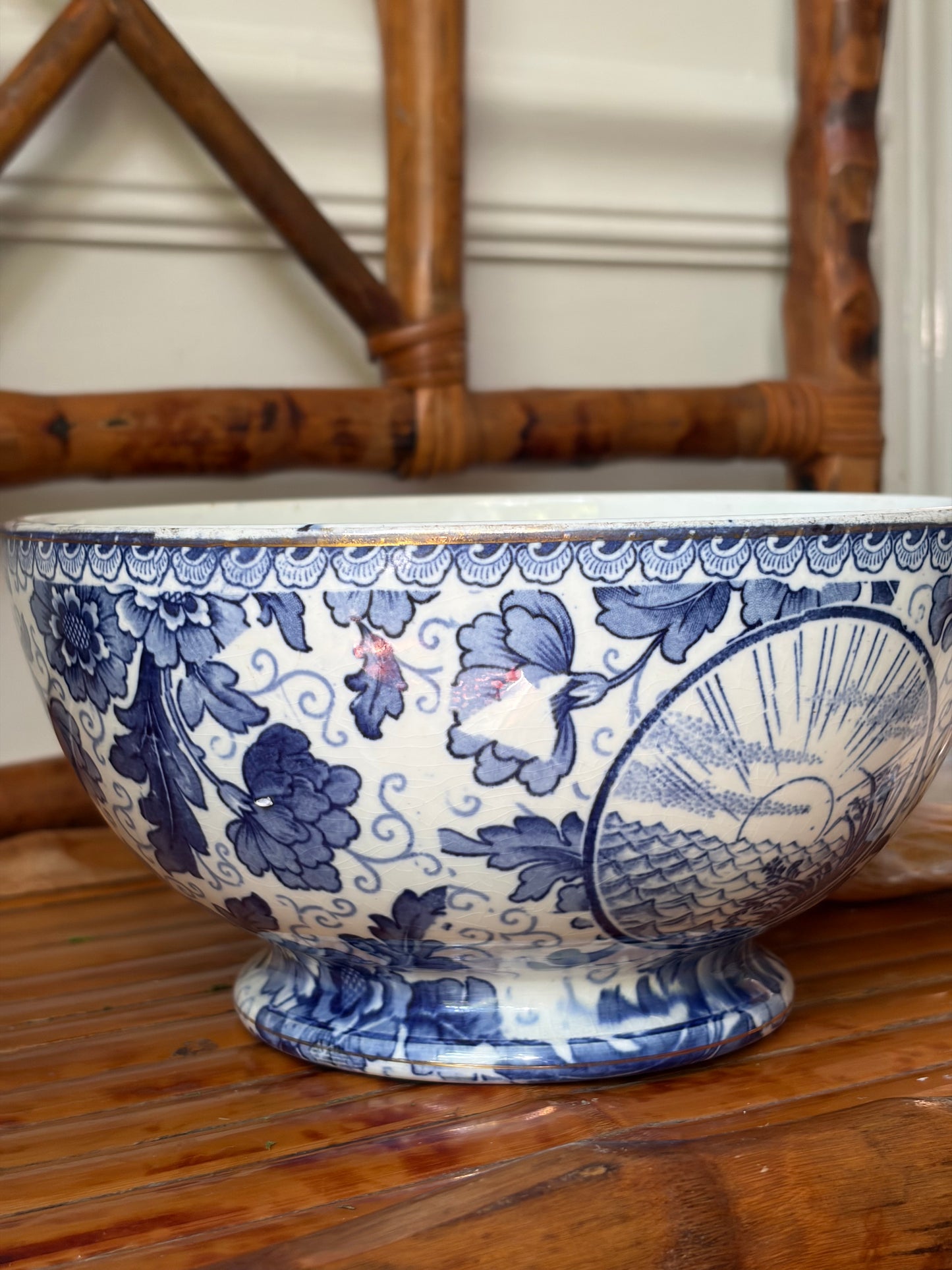 Antique Blue & White Pedestal Bowl
