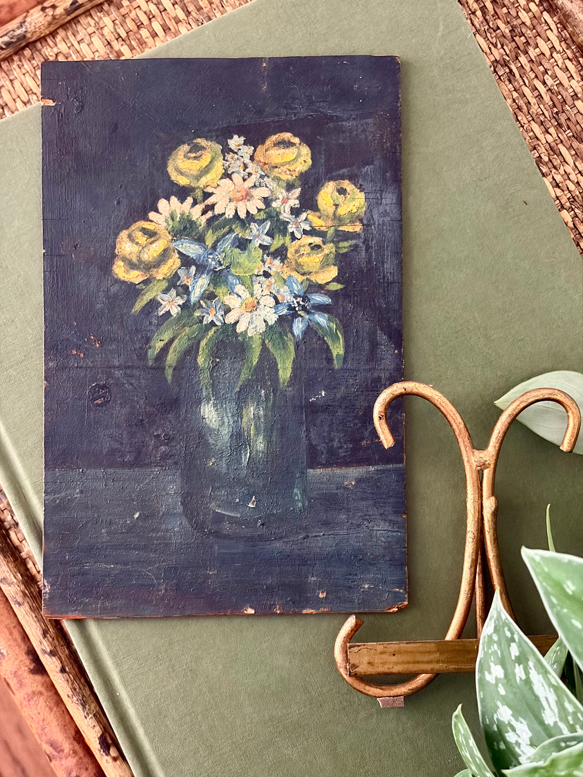 Vintage Double-Sided Oil on Board & Stand