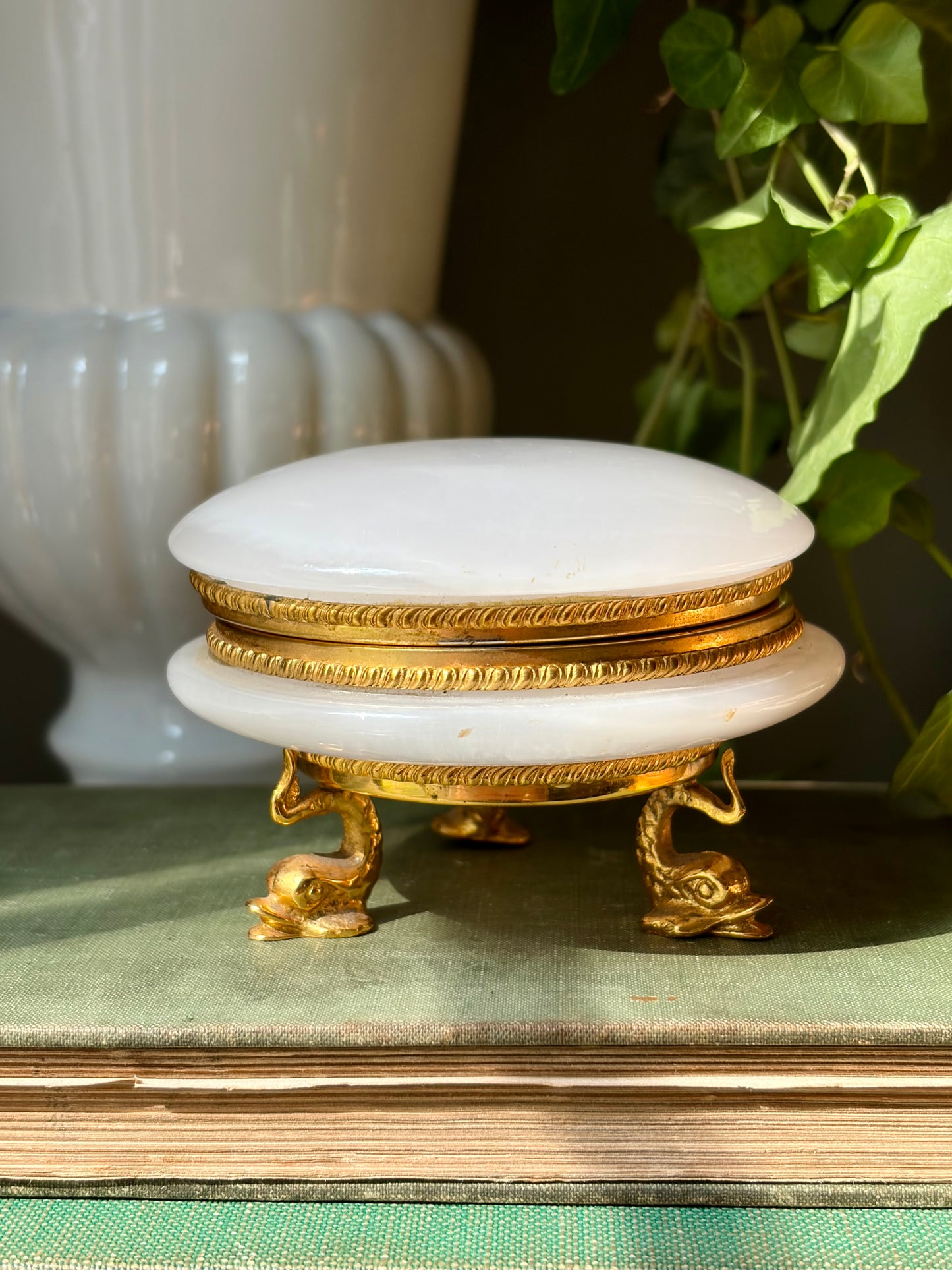 Vintage Dolphin Footed White Alabaster Box