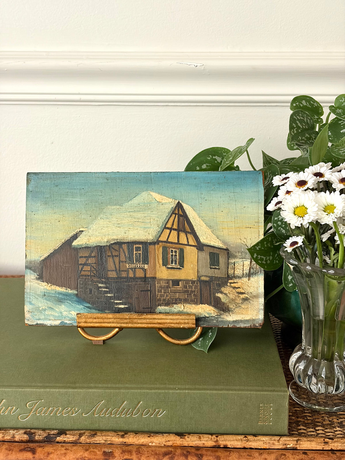 Vintage Double-Sided Oil on Board & Stand