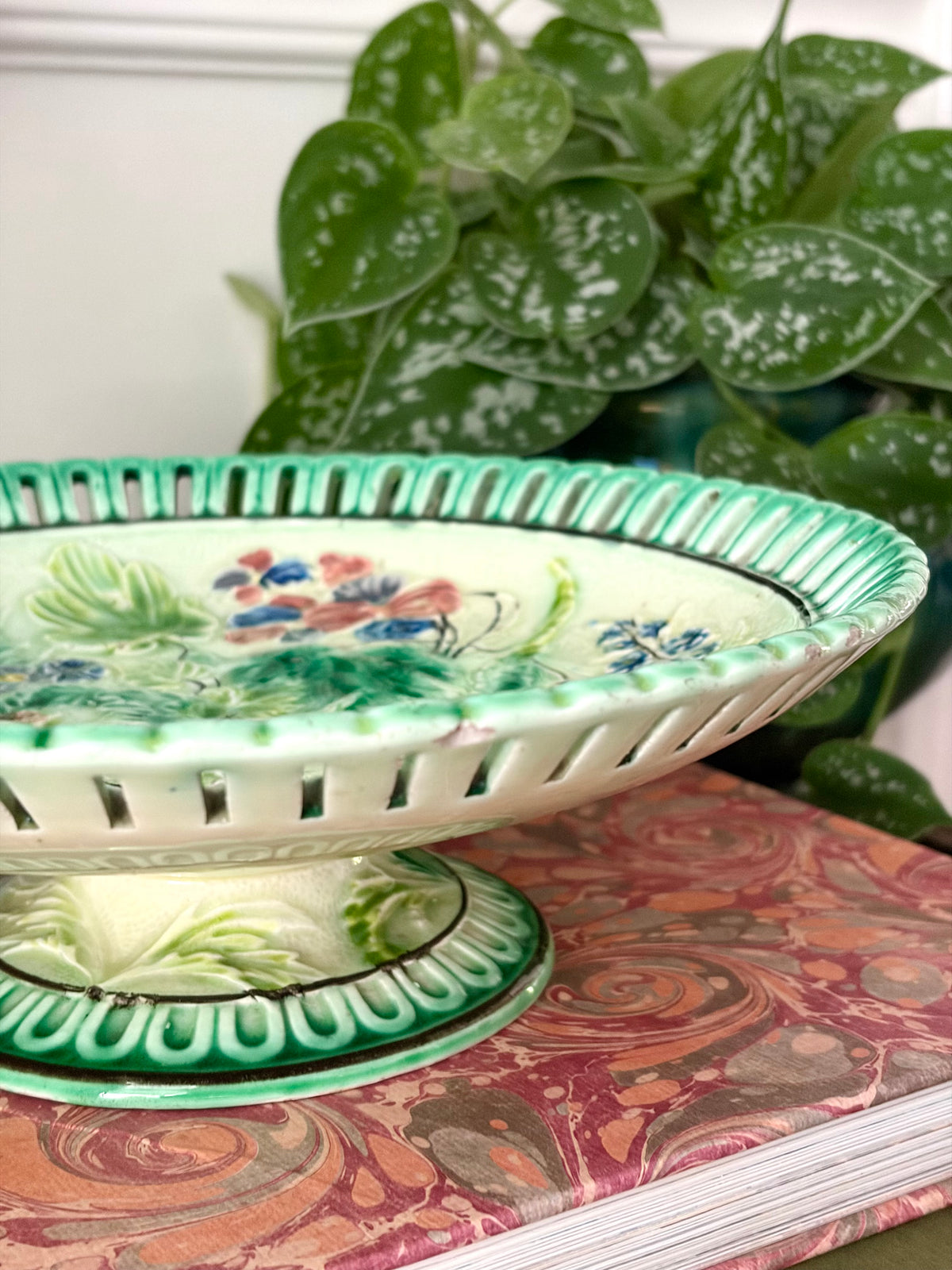 Antique German Majolica Pedestal Dish
