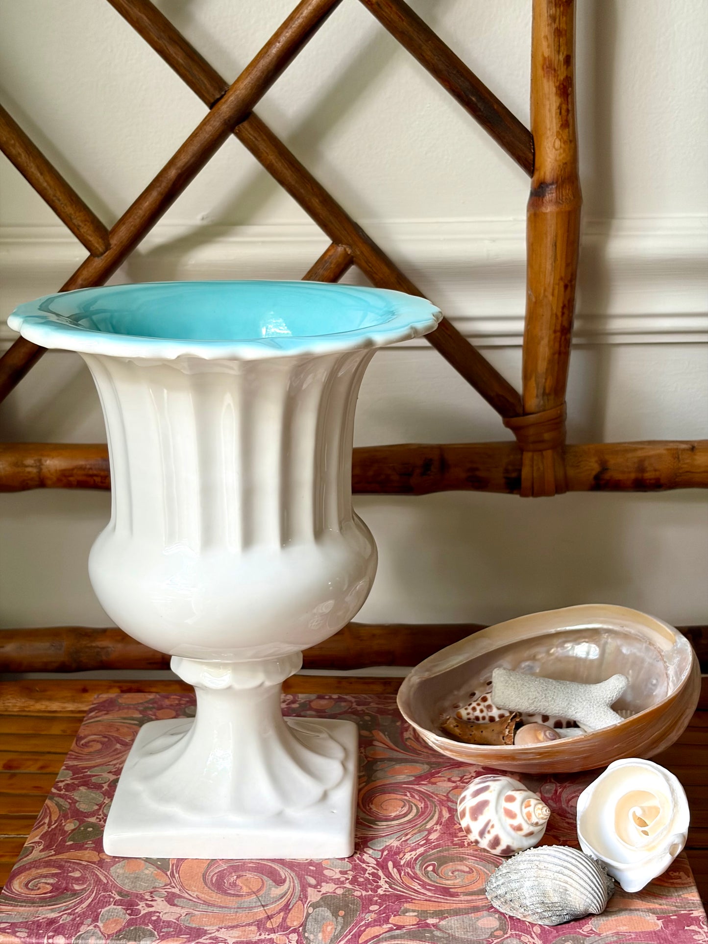 Vintage White & Aqua Trophy Vase