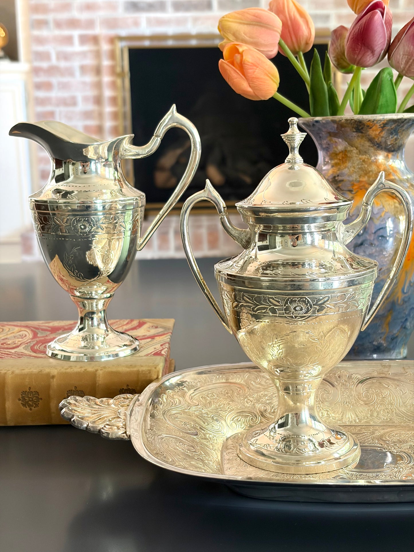 Vintage Etched Silver Plate Cream & Sugar Holders