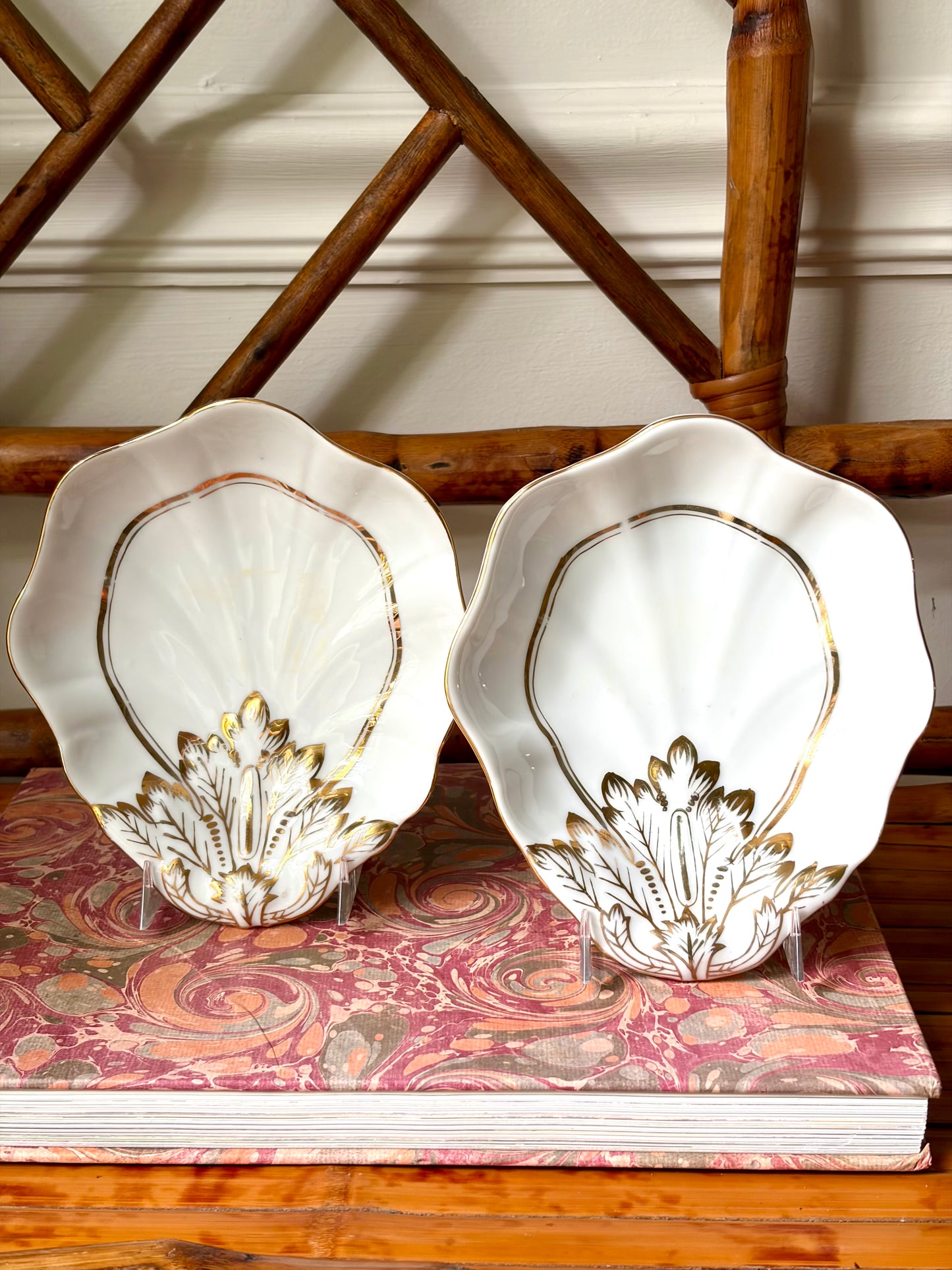 Pair of Vintage White & Gold Shell Plates