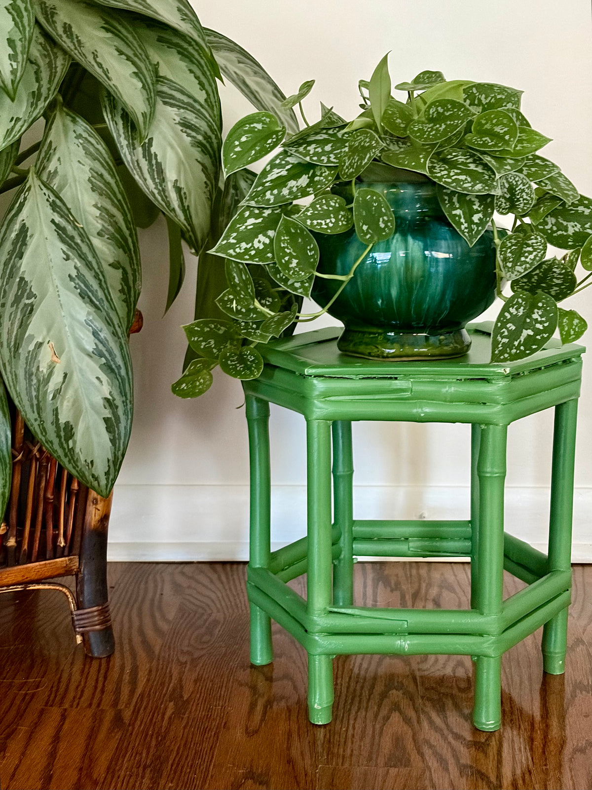 Vintage Green Painted Faux Bamboo Stand