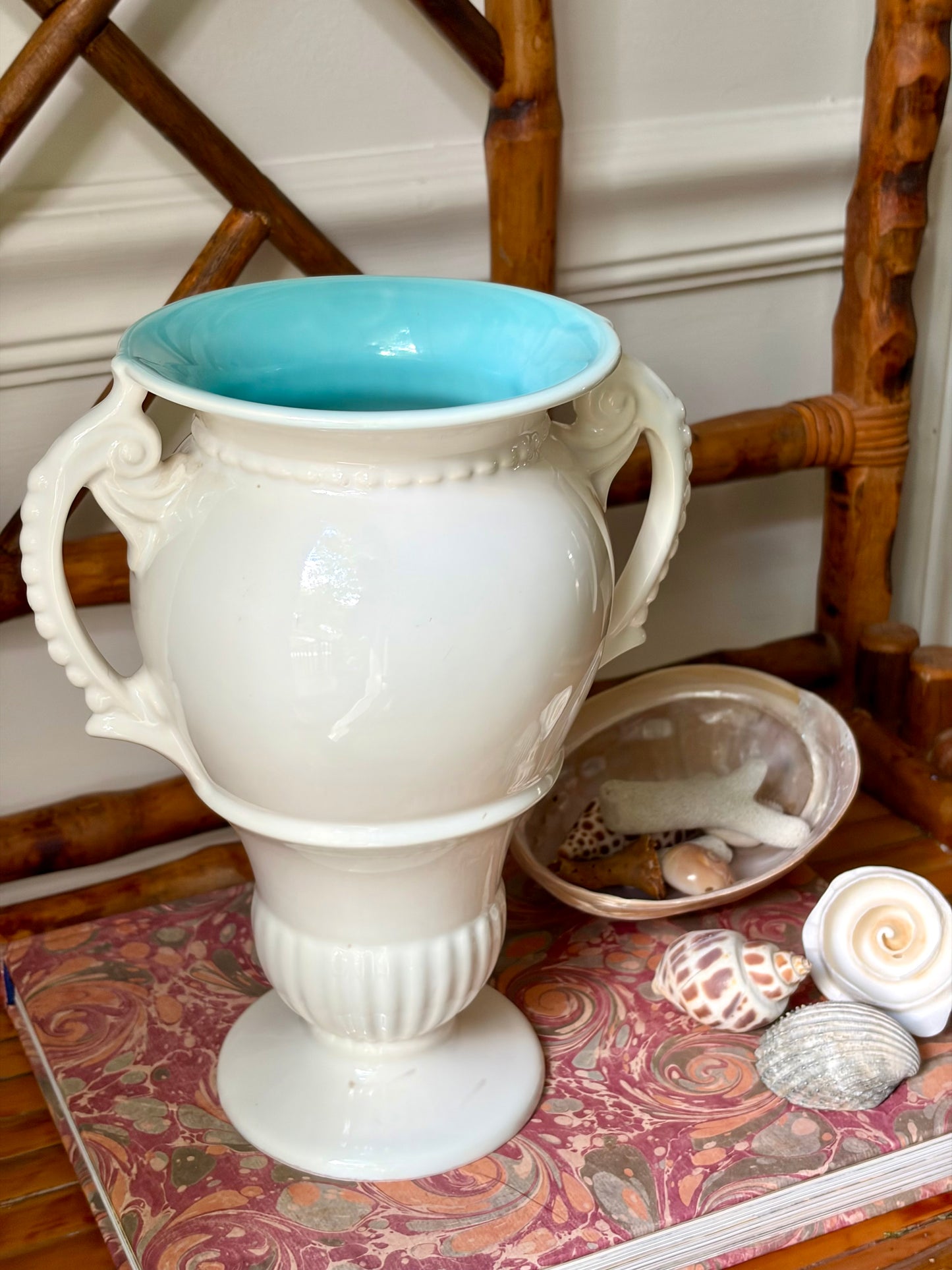 Vintage White & Aqua Amphora Vase