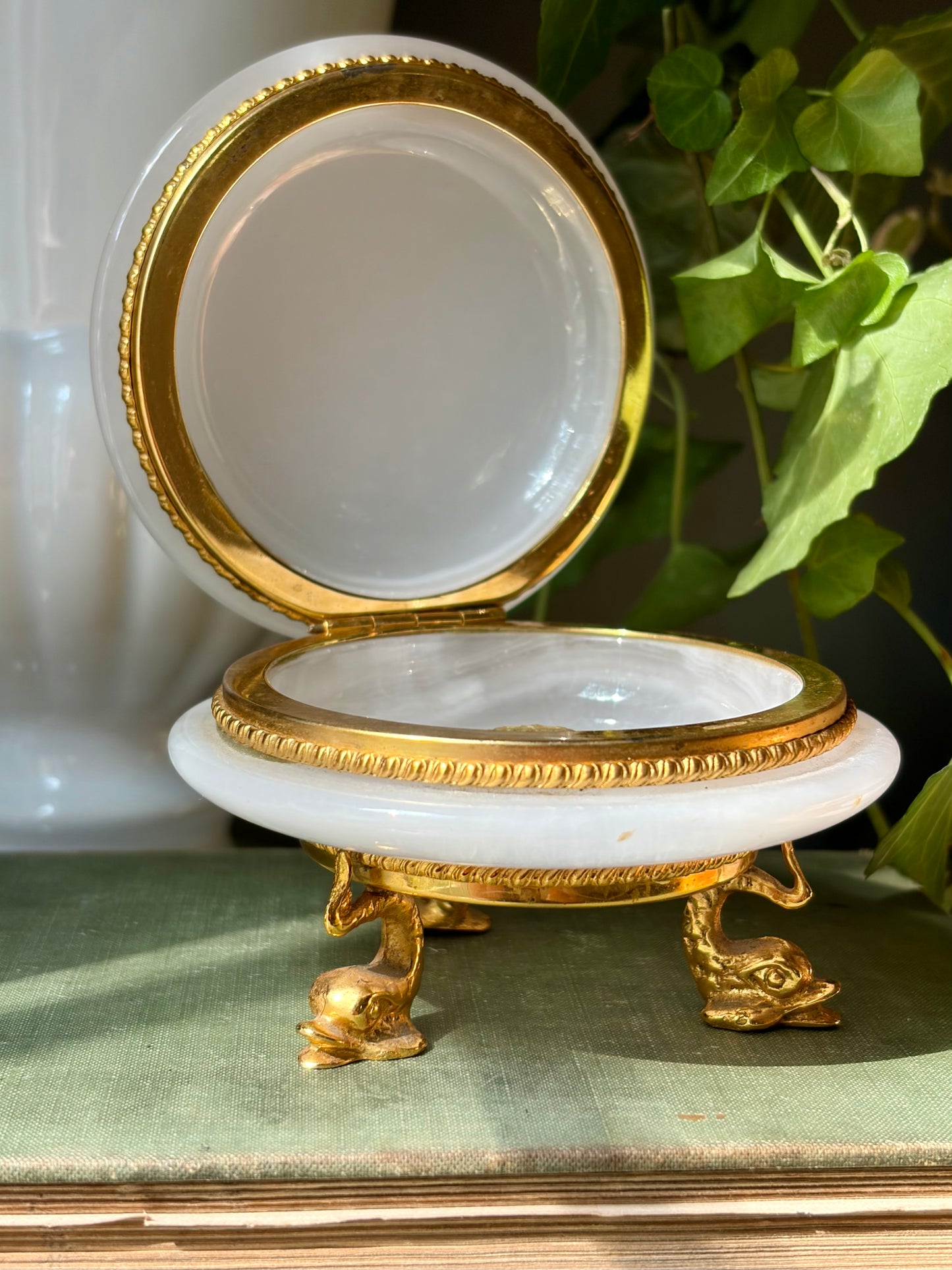 Vintage Dolphin Footed White Alabaster Box
