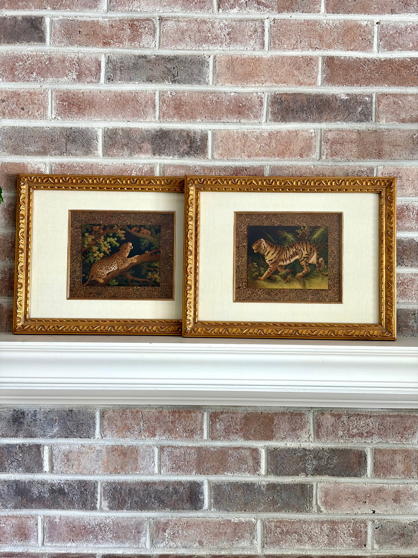 Pair of Framed Antique Tiger & Jaguar Bookplates