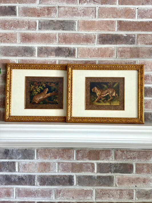Pair of Framed Antique Tiger & Jaguar Bookplates