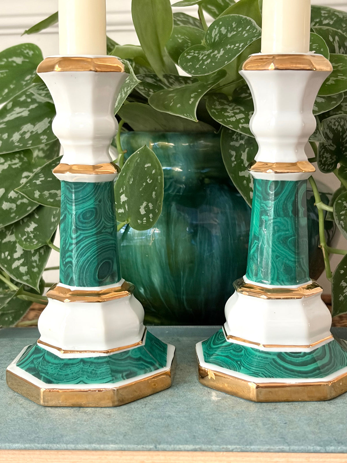 Vintage Faux Malachite Candleholders