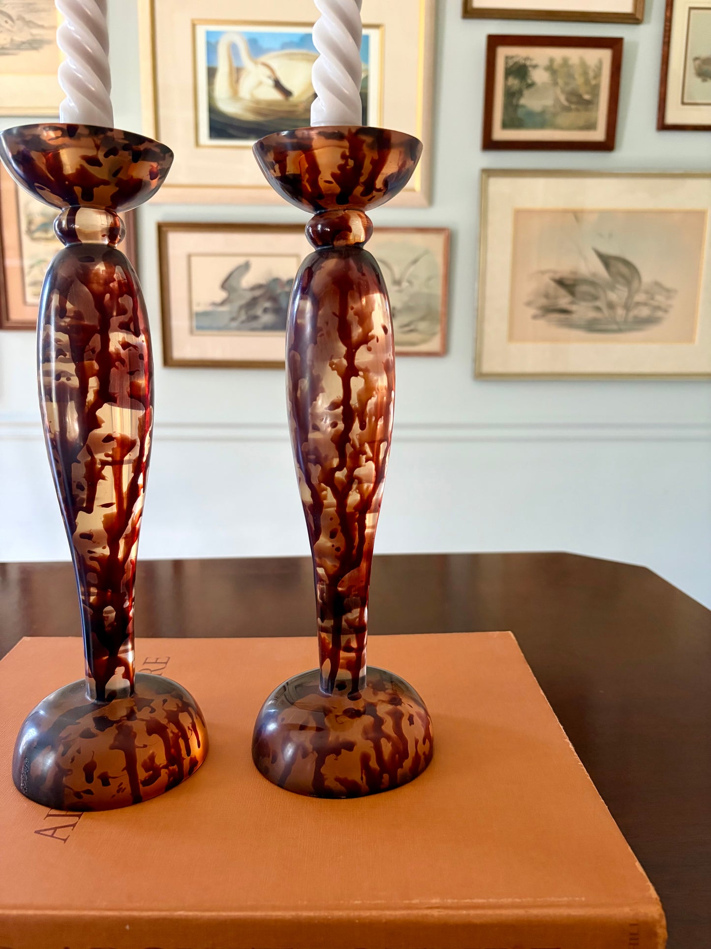 Pair of Vintage Faux Tortoise Shell Lucite Candle Holders
