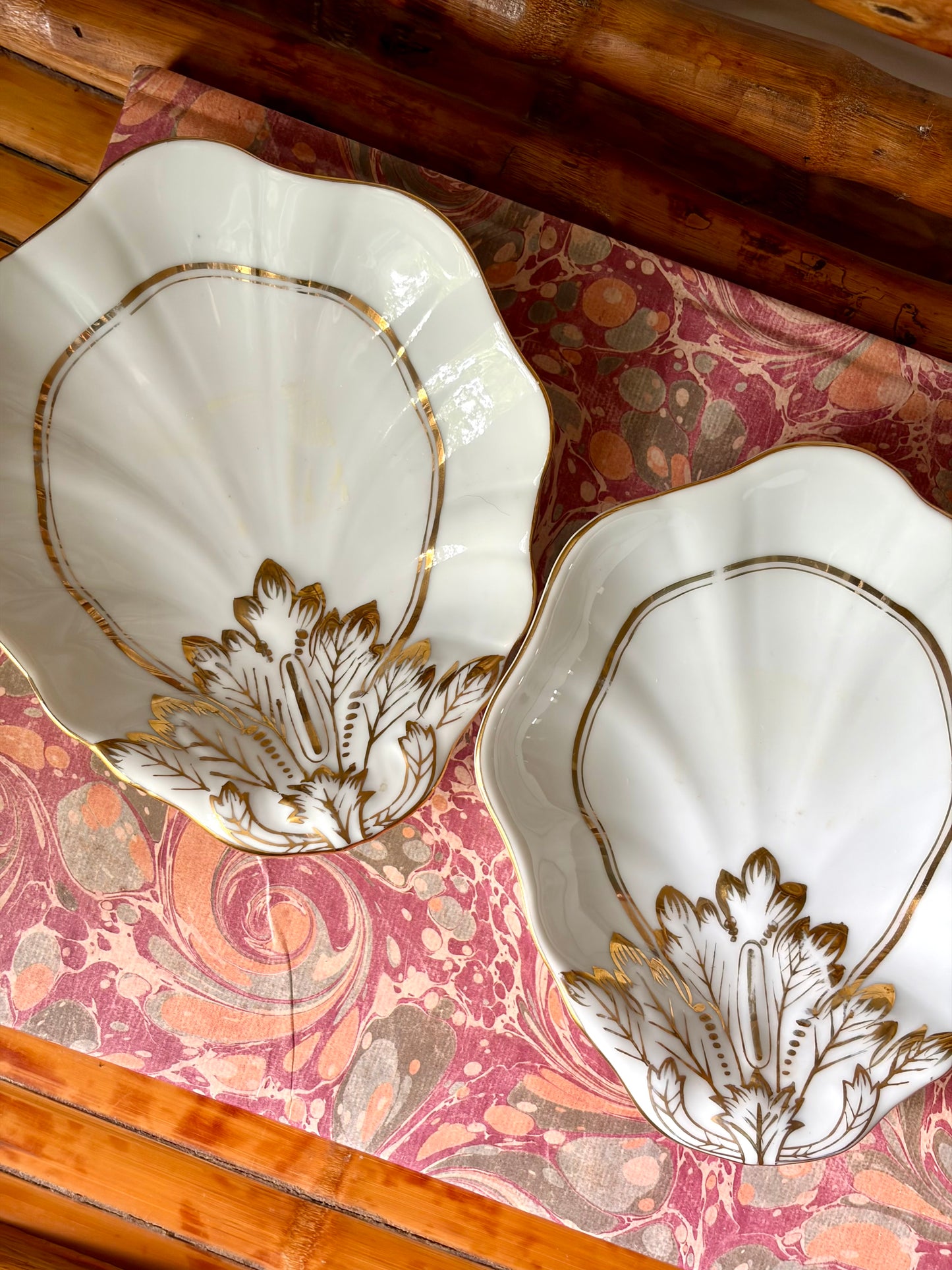 Pair of Vintage White & Gold Shell Plates