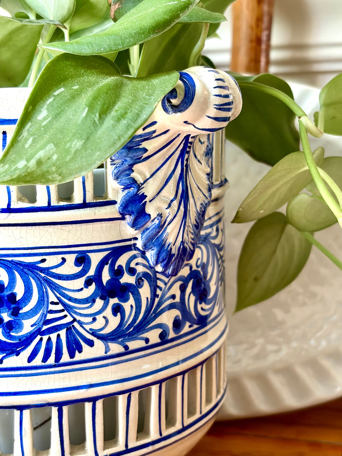 Vintage Italian Blue & White Reticulated Pot
