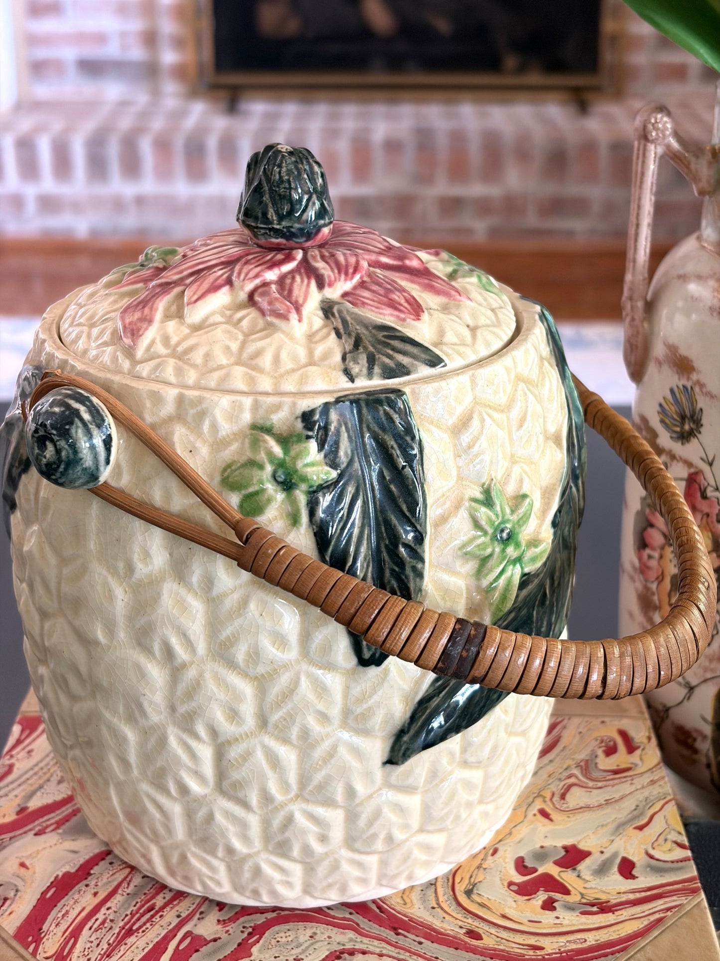 Vintage Majolica Handled Canister