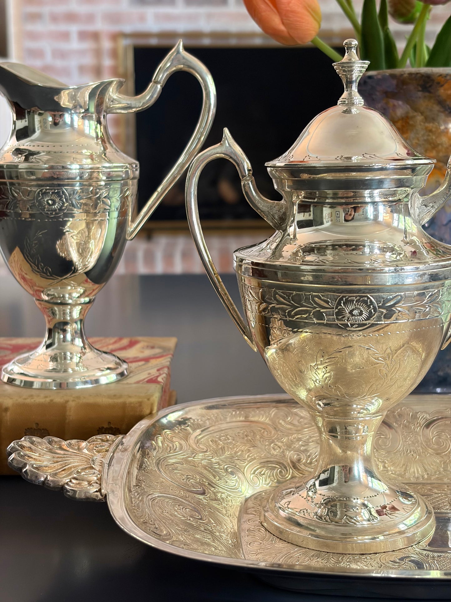 Vintage Etched Silver Plate Cream & Sugar Holders