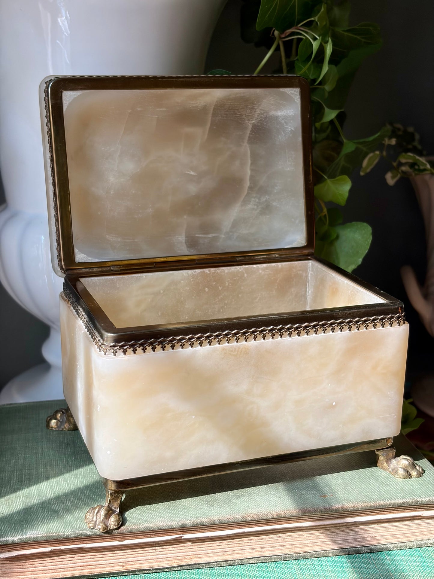 Vintage Footed Alabaster Box with Brass Detail