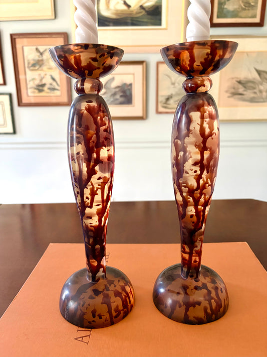 Pair of Vintage Faux Tortoise Shell Lucite Candle Holders