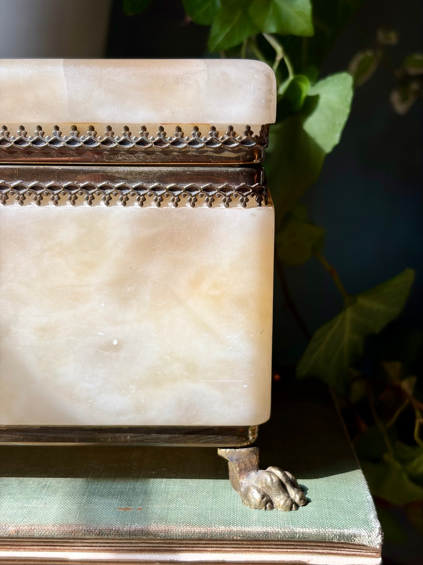 Vintage Footed Alabaster Box with Brass Detail