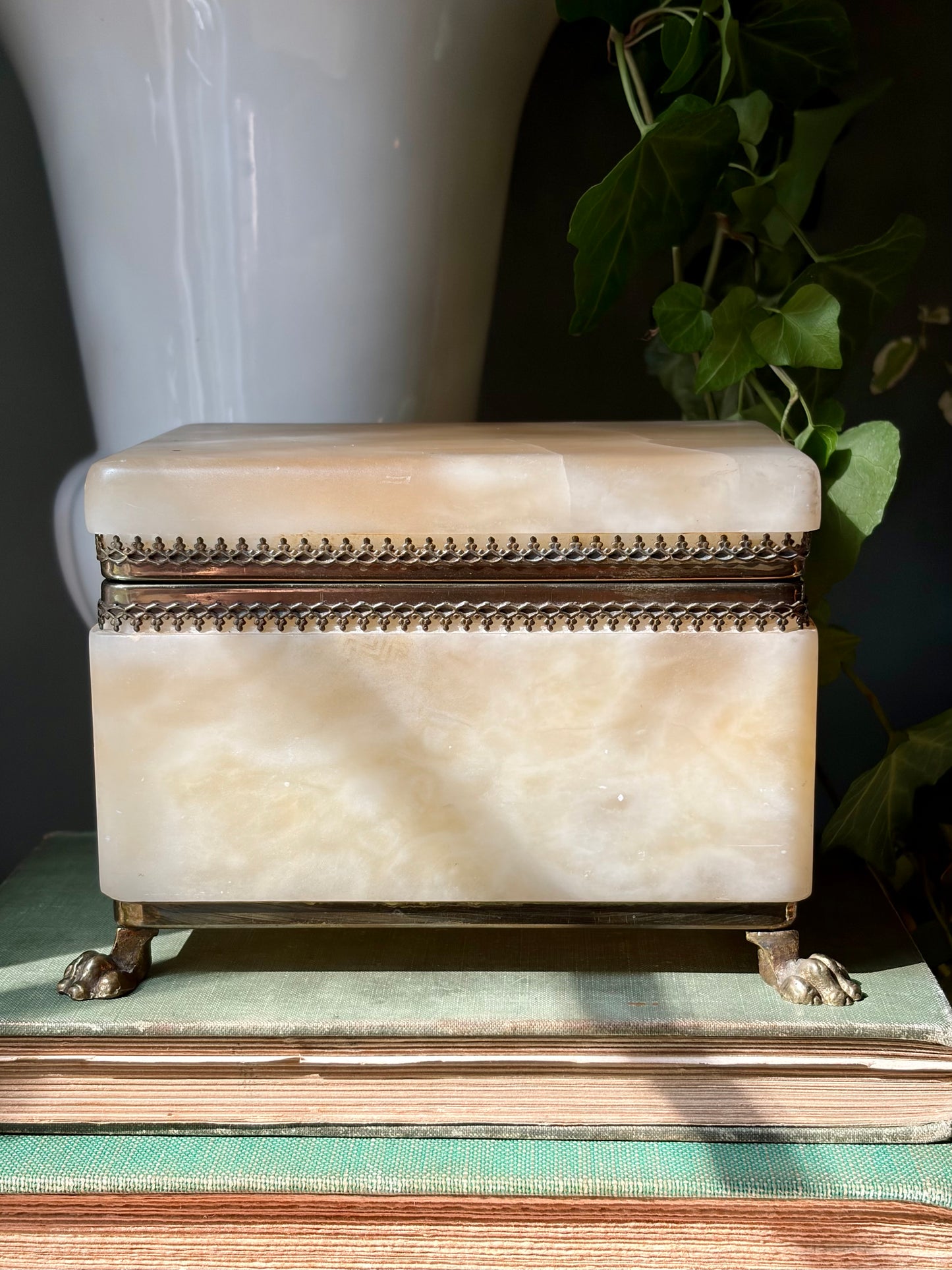 Vintage Footed Alabaster Box with Brass Detail
