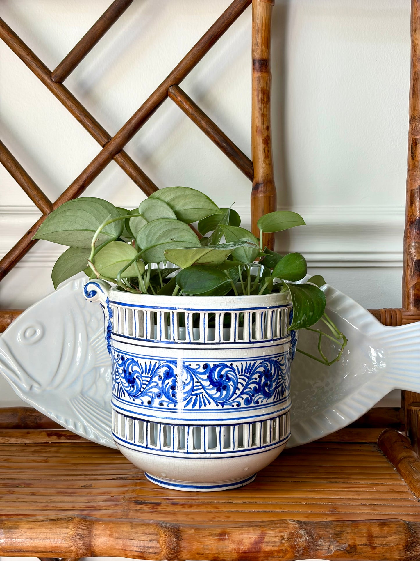 Vintage Italian Blue & White Reticulated Pot