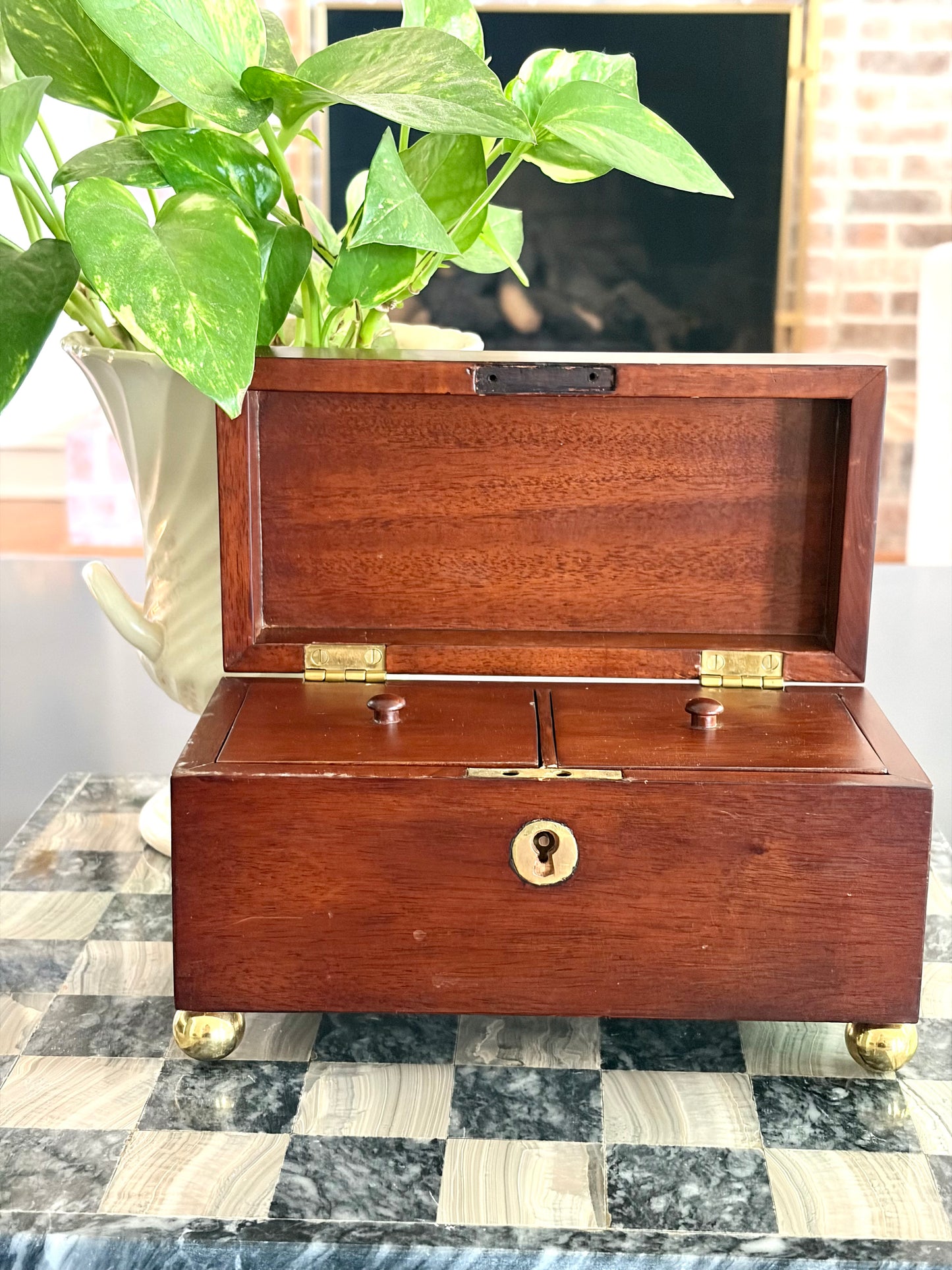 Vintage Mahogany Shell Inlay Tea Caddy with Brass Feet
