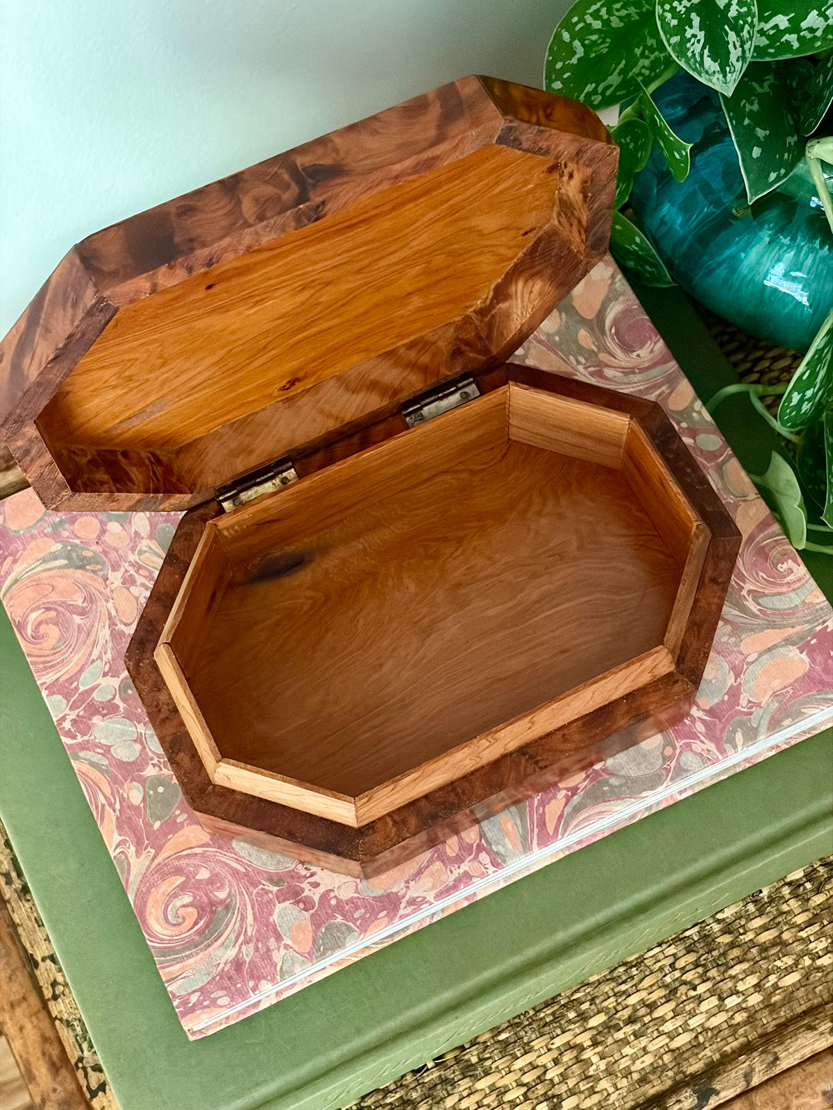 Vintage Burl Wood Box with Wood Inlay