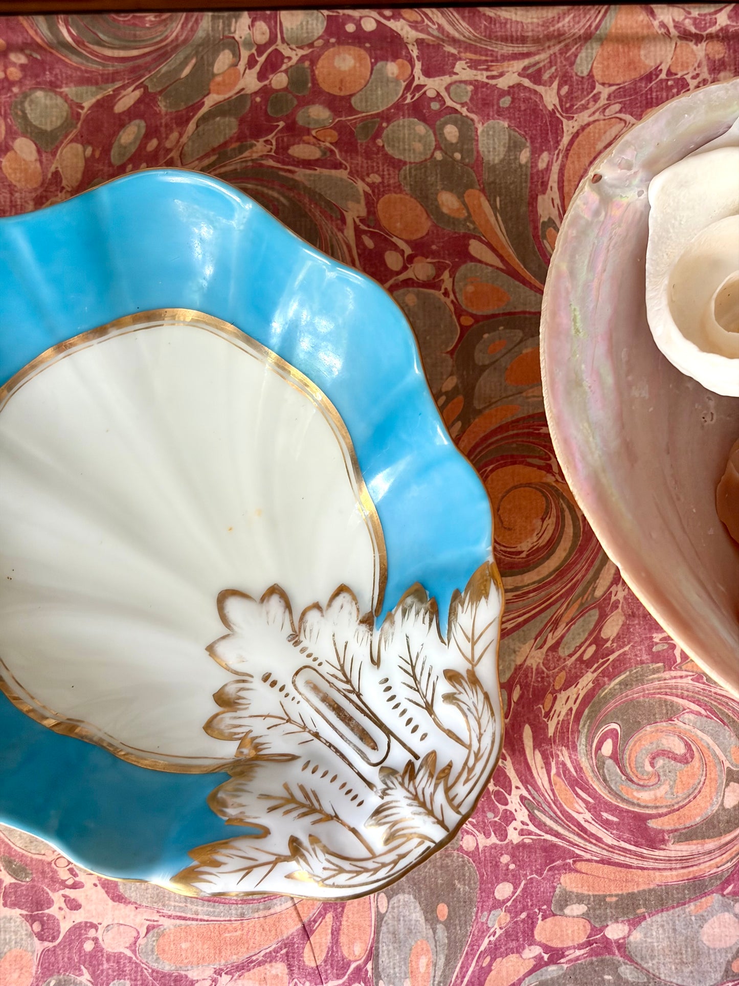 Vintage Aqua & Gold Shell Dish