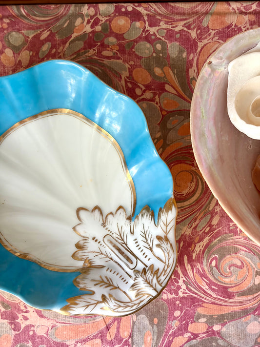 Vintage Aqua & Gold Shell Dish