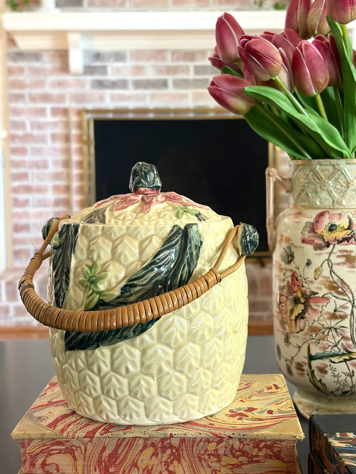 Vintage Majolica Handled Canister