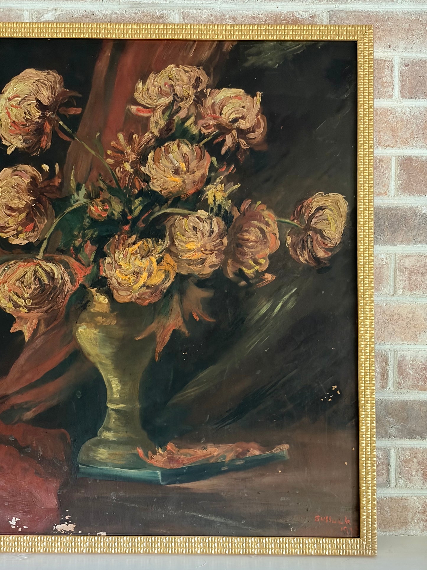 Framed Antique Floral Oil Painting