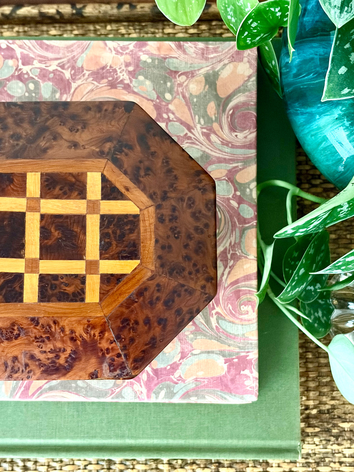 Vintage Burl Wood Box with Wood Inlay