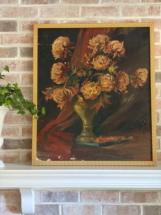 Framed Antique Floral Oil Painting