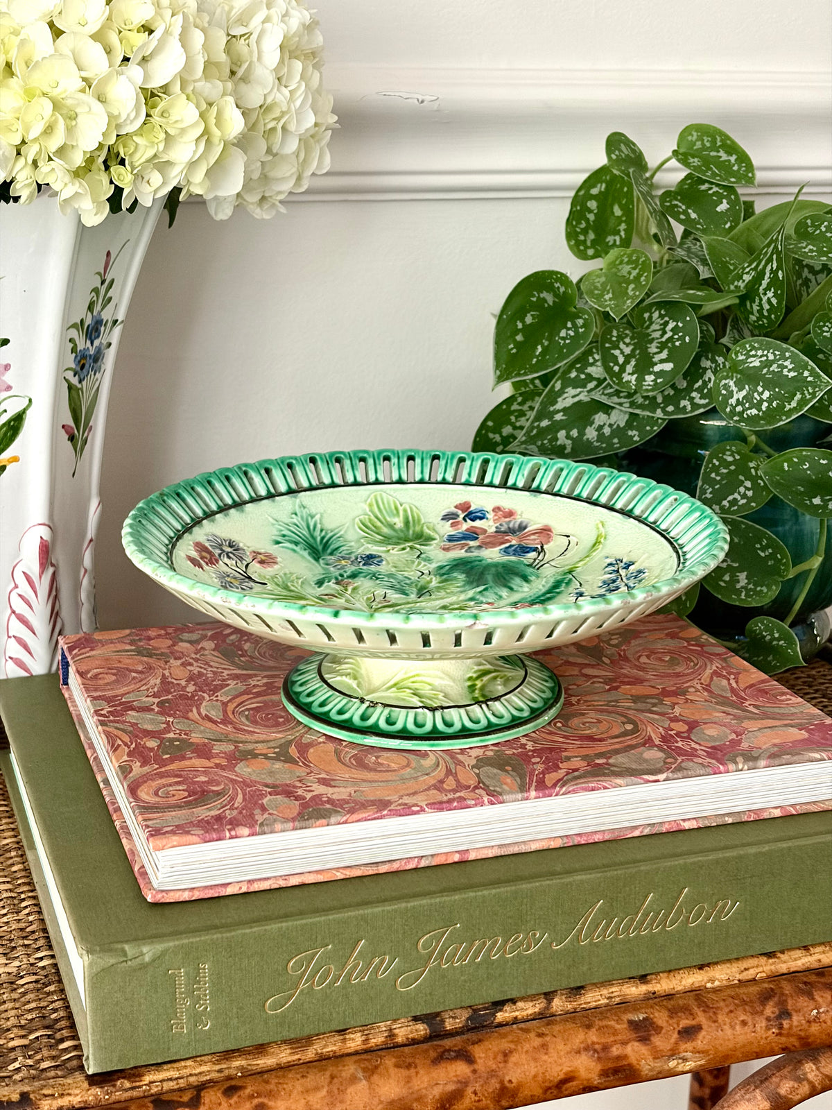 Antique German Majolica Pedestal Dish