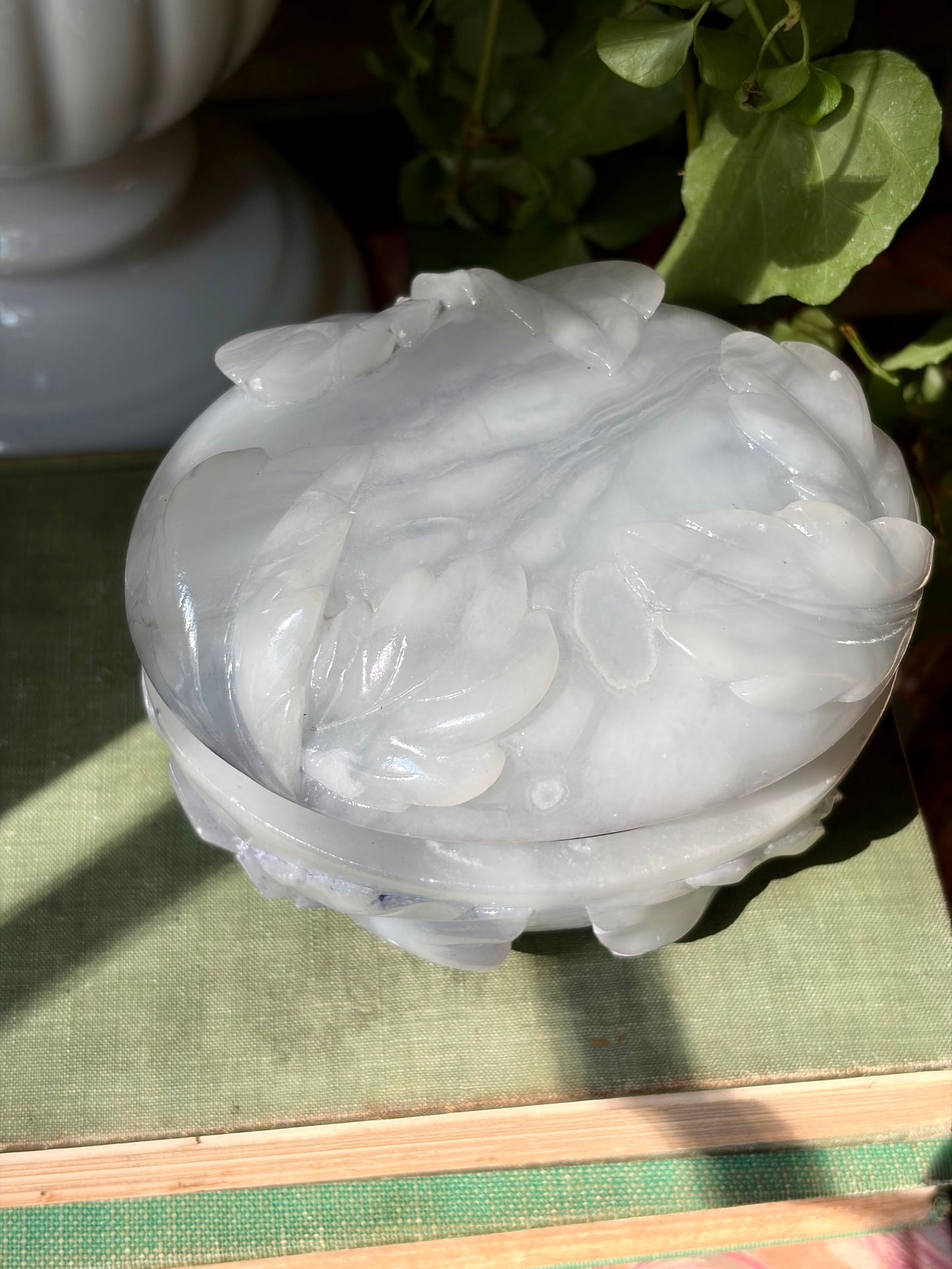 Vintage Pale Blue Carved Alabaster Box